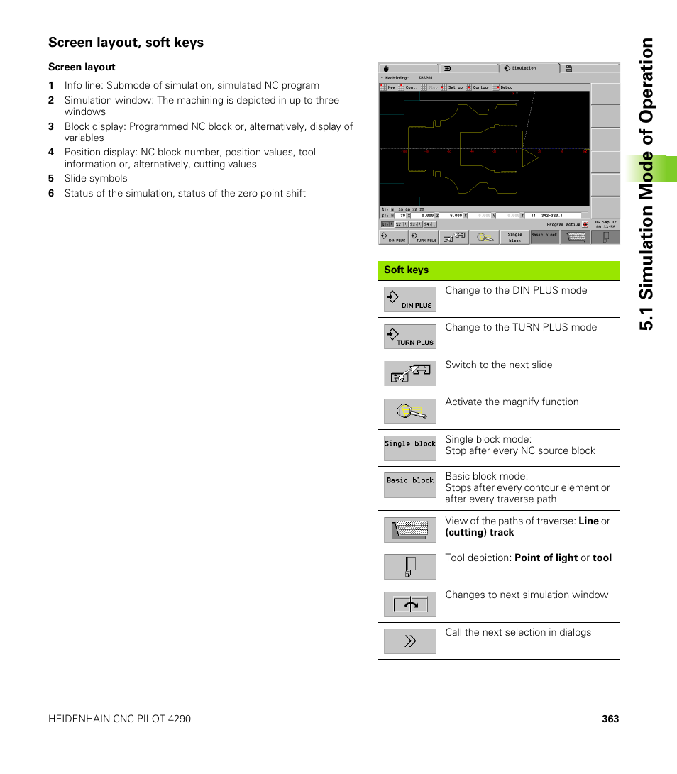 Screen layout, soft keys, 1 simulation mode of oper ation | HEIDENHAIN CNC Pilot 4290 V7.1 User Manual | Page 363 / 725