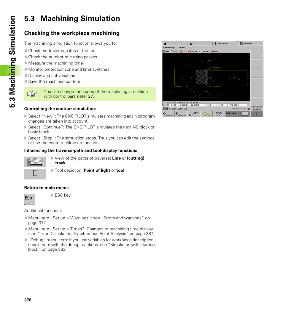 3 machining simulation, Checking the workpiece machining, 3 mac h ining simulation 5.3 machining simulation | HEIDENHAIN CNC Pilot 4290 V7.1 User Manual | Page 376 / 725