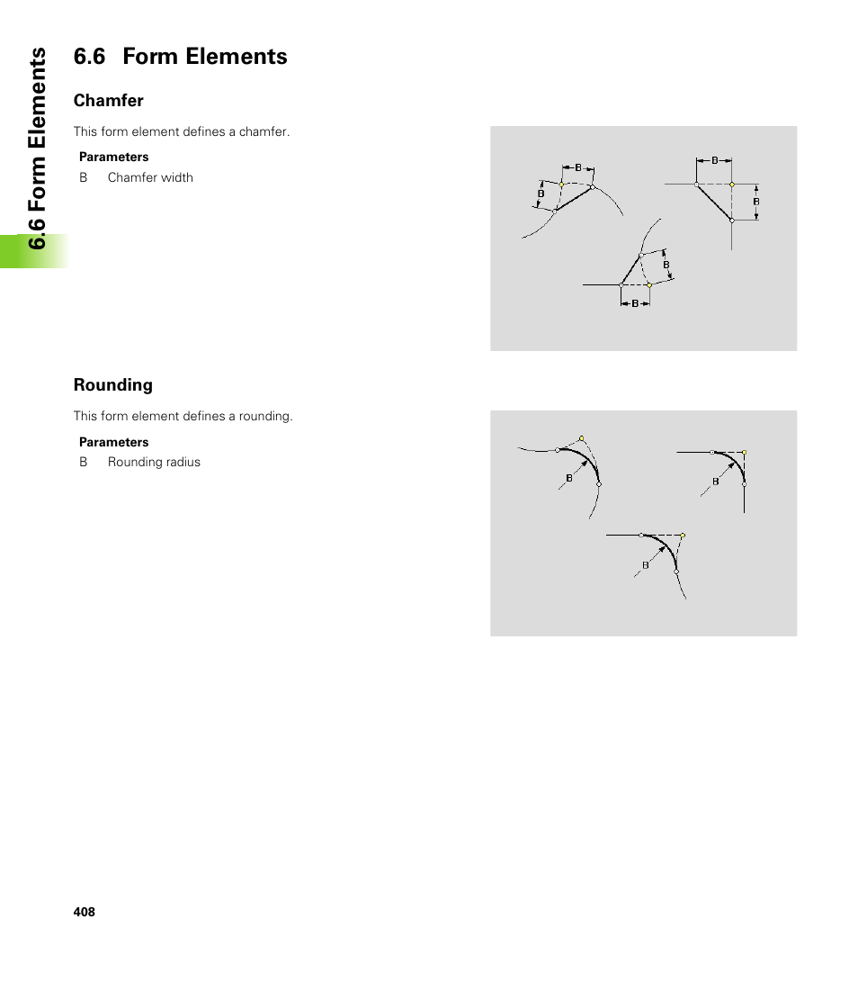 6 form elements, Chamfer, Rounding | 6 f o rm elements 6.6 form elements | HEIDENHAIN CNC Pilot 4290 V7.1 User Manual | Page 408 / 725