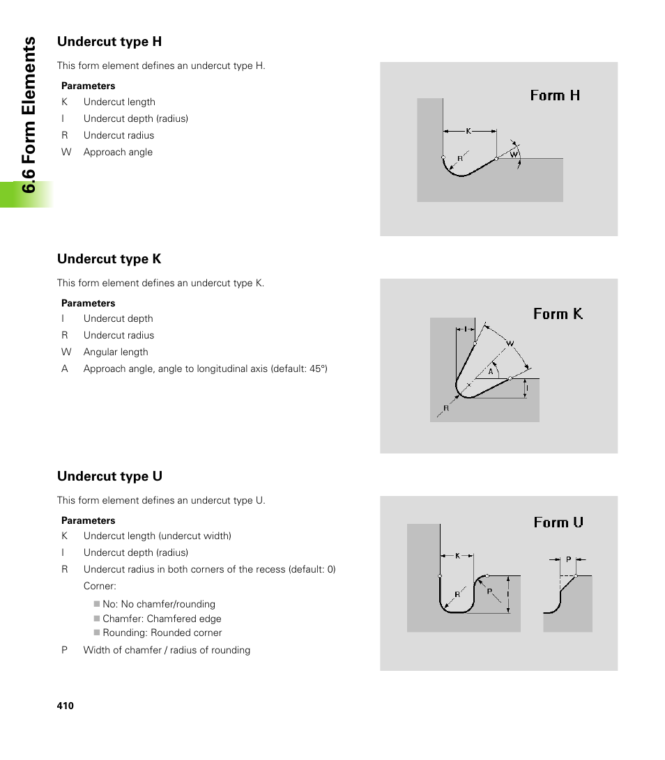 Undercut type h, Undercut type k, Undercut type u | 6 f o rm elements | HEIDENHAIN CNC Pilot 4290 V7.1 User Manual | Page 410 / 725