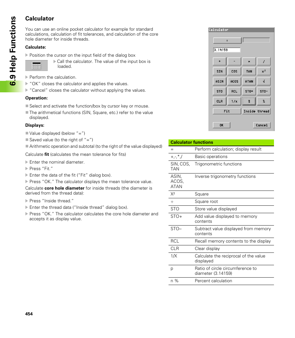 Calculator, 9 help f unctions | HEIDENHAIN CNC Pilot 4290 V7.1 User Manual | Page 454 / 725