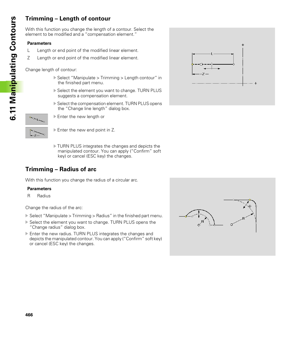 Trimming – length of contour, Trimming – radius of arc, 1 1 manipulating cont ours | HEIDENHAIN CNC Pilot 4290 V7.1 User Manual | Page 466 / 725