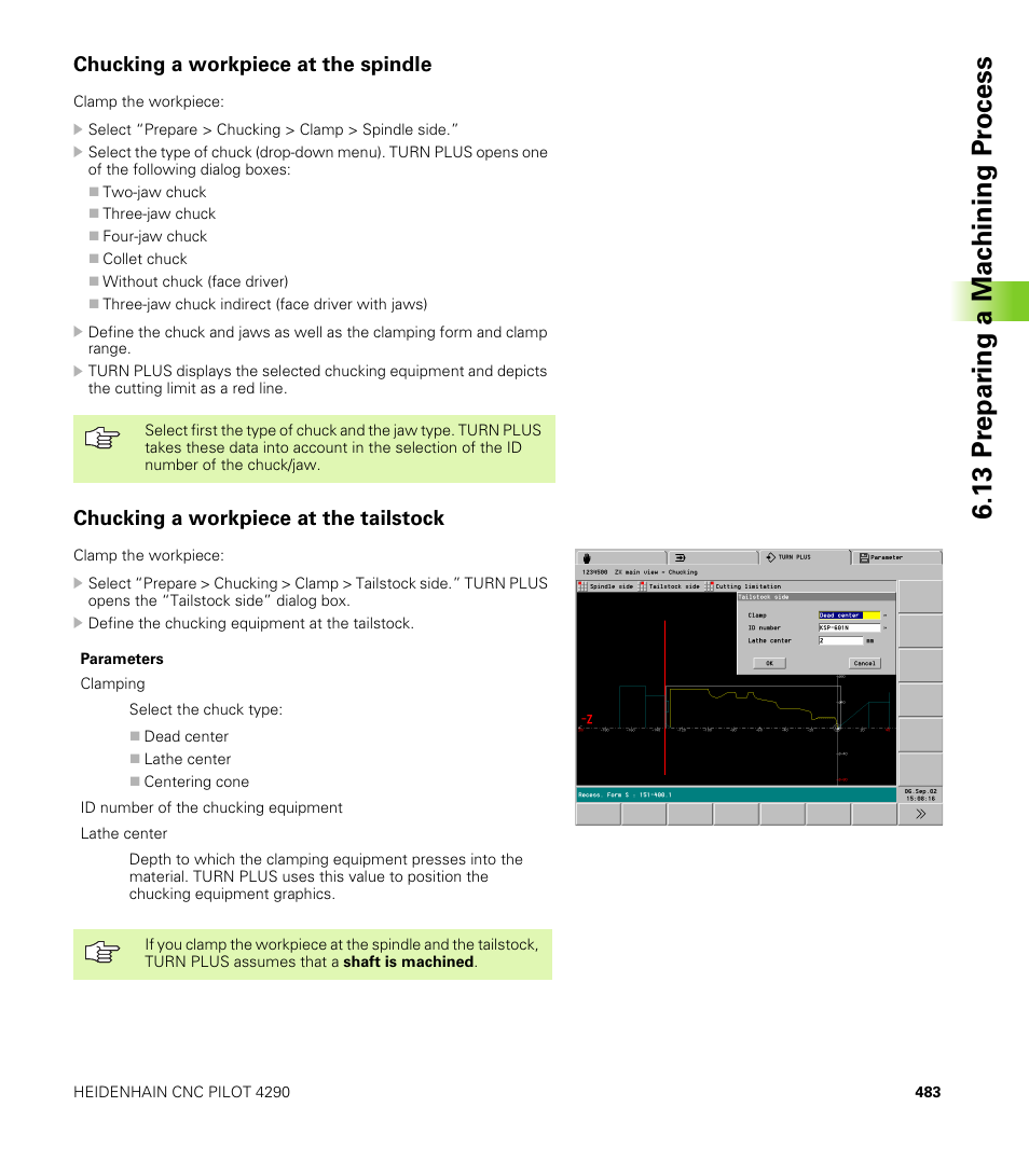 Chucking a workpiece at the spindle, Chucking a workpiece at the tailstock, 13 pr epar ing a mac h ining pr ocess | HEIDENHAIN CNC Pilot 4290 V7.1 User Manual | Page 483 / 725