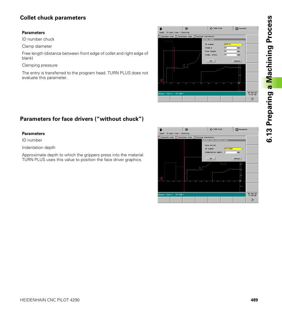 Collet chuck parameters, Parameters for face drivers (“without chuck”), 13 pr epar ing a mac h ining pr ocess | HEIDENHAIN CNC Pilot 4290 V7.1 User Manual | Page 489 / 725