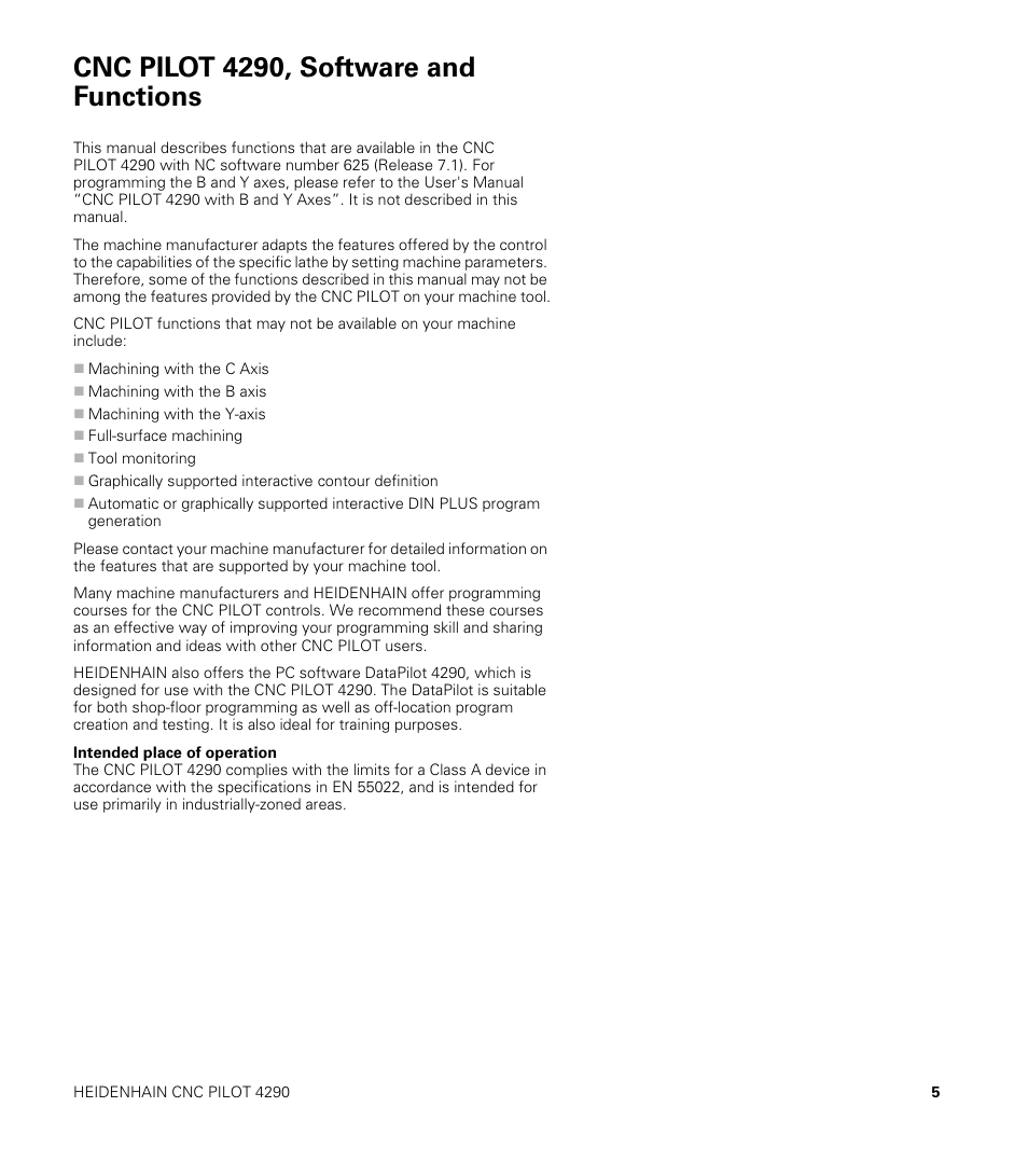 Cnc pilot 4290, software and functions | HEIDENHAIN CNC Pilot 4290 V7.1 User Manual | Page 5 / 725