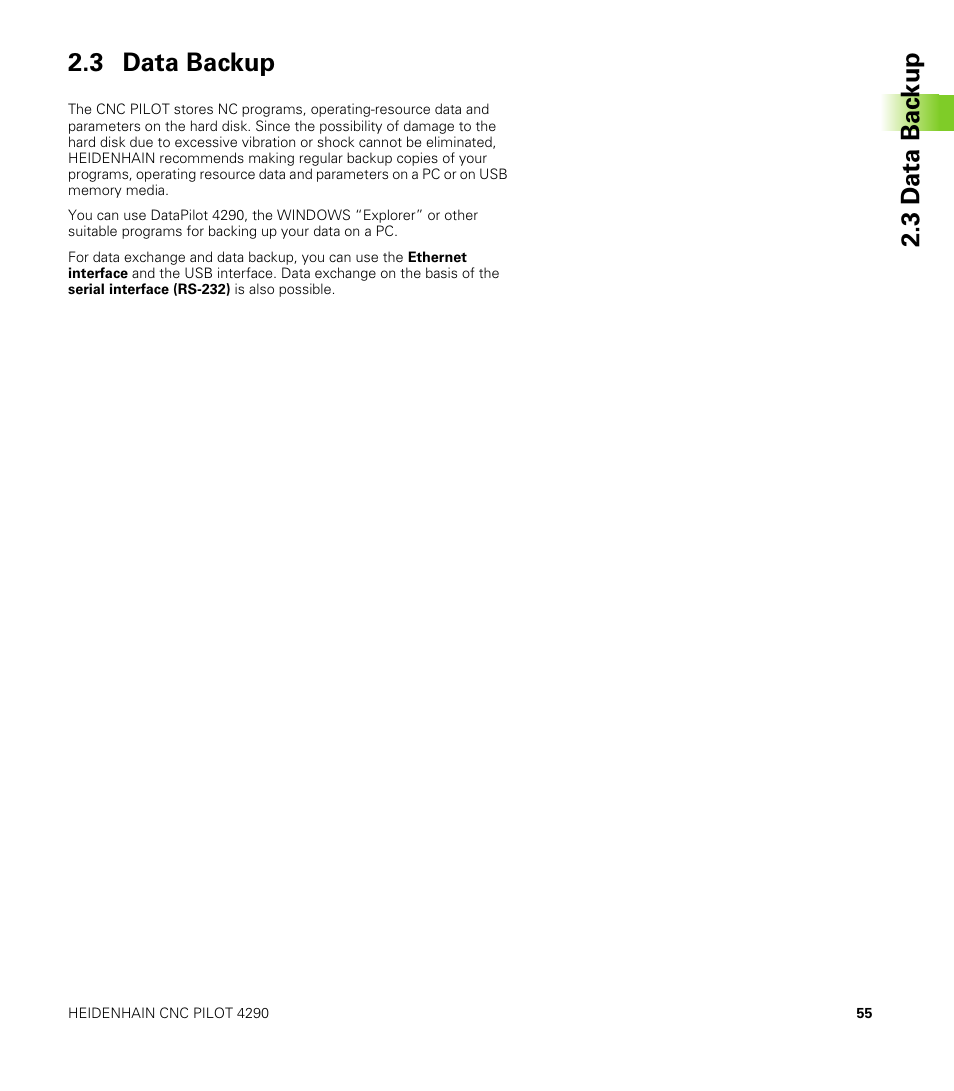 3 data backup, 3 d a ta bac k up 2.3 data backup | HEIDENHAIN CNC Pilot 4290 V7.1 User Manual | Page 55 / 725