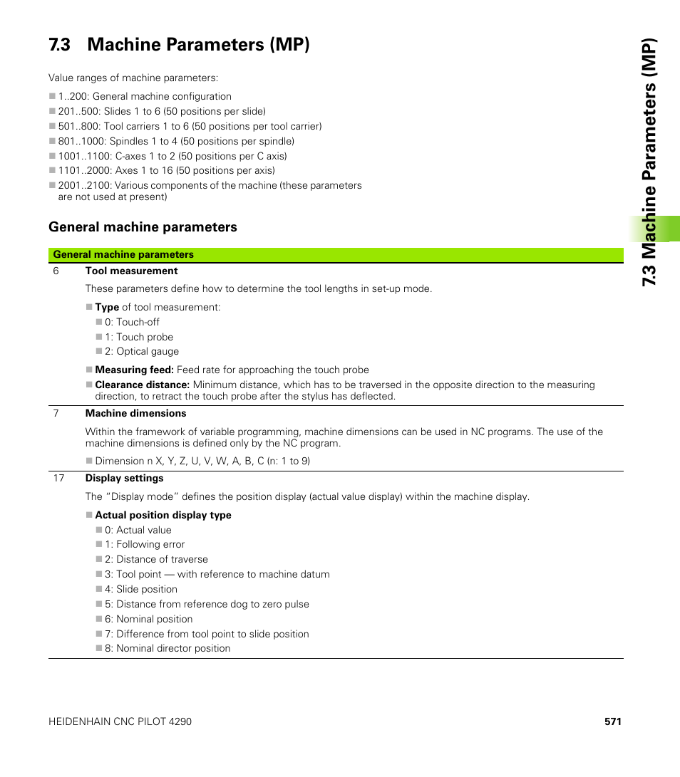 3 machine parameters (mp), General machine parameters | HEIDENHAIN CNC Pilot 4290 V7.1 User Manual | Page 571 / 725