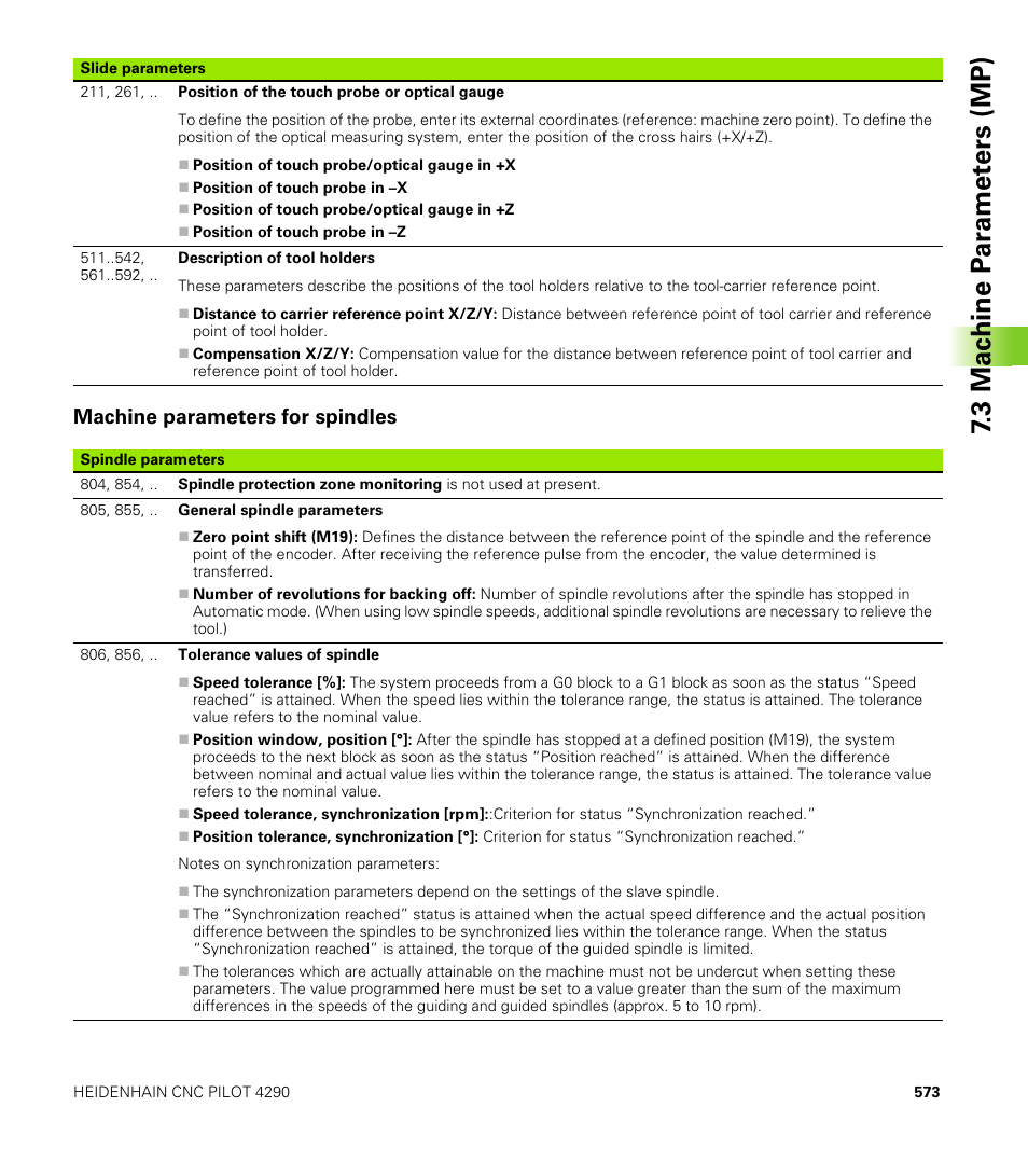 Machine parameters for spindles, 3 mac h ine p a ra met e rs (mp) | HEIDENHAIN CNC Pilot 4290 V7.1 User Manual | Page 573 / 725