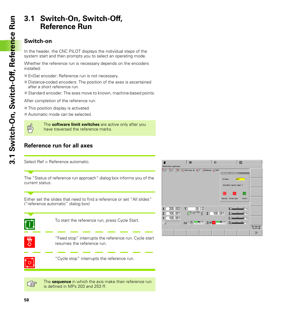1 switch-on, switch-off, reference run, Switch-on, Reference run for all axes | HEIDENHAIN CNC Pilot 4290 V7.1 User Manual | Page 58 / 725