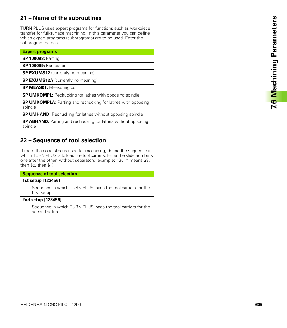 21 – name of the subroutines, 22 – sequence of tool selection, 6 mac h ining p a ra met e rs | HEIDENHAIN CNC Pilot 4290 V7.1 User Manual | Page 605 / 725
