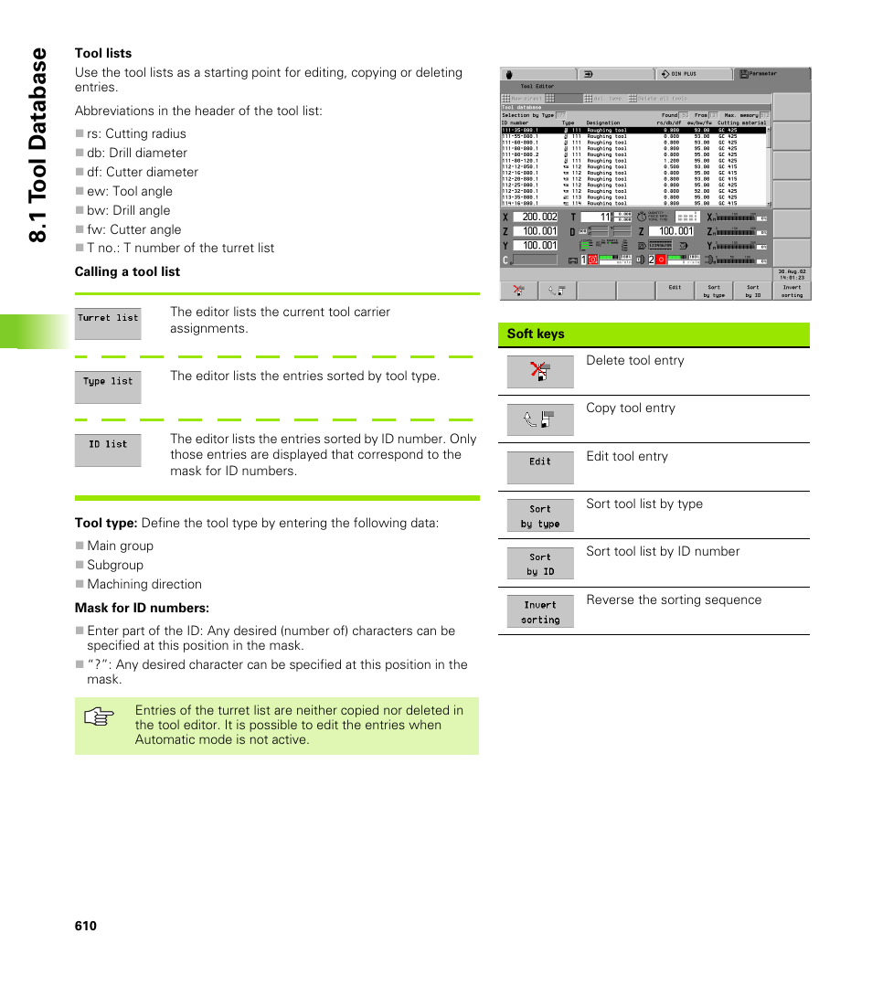 1 t o ol d a tabase | HEIDENHAIN CNC Pilot 4290 V7.1 User Manual | Page 610 / 725