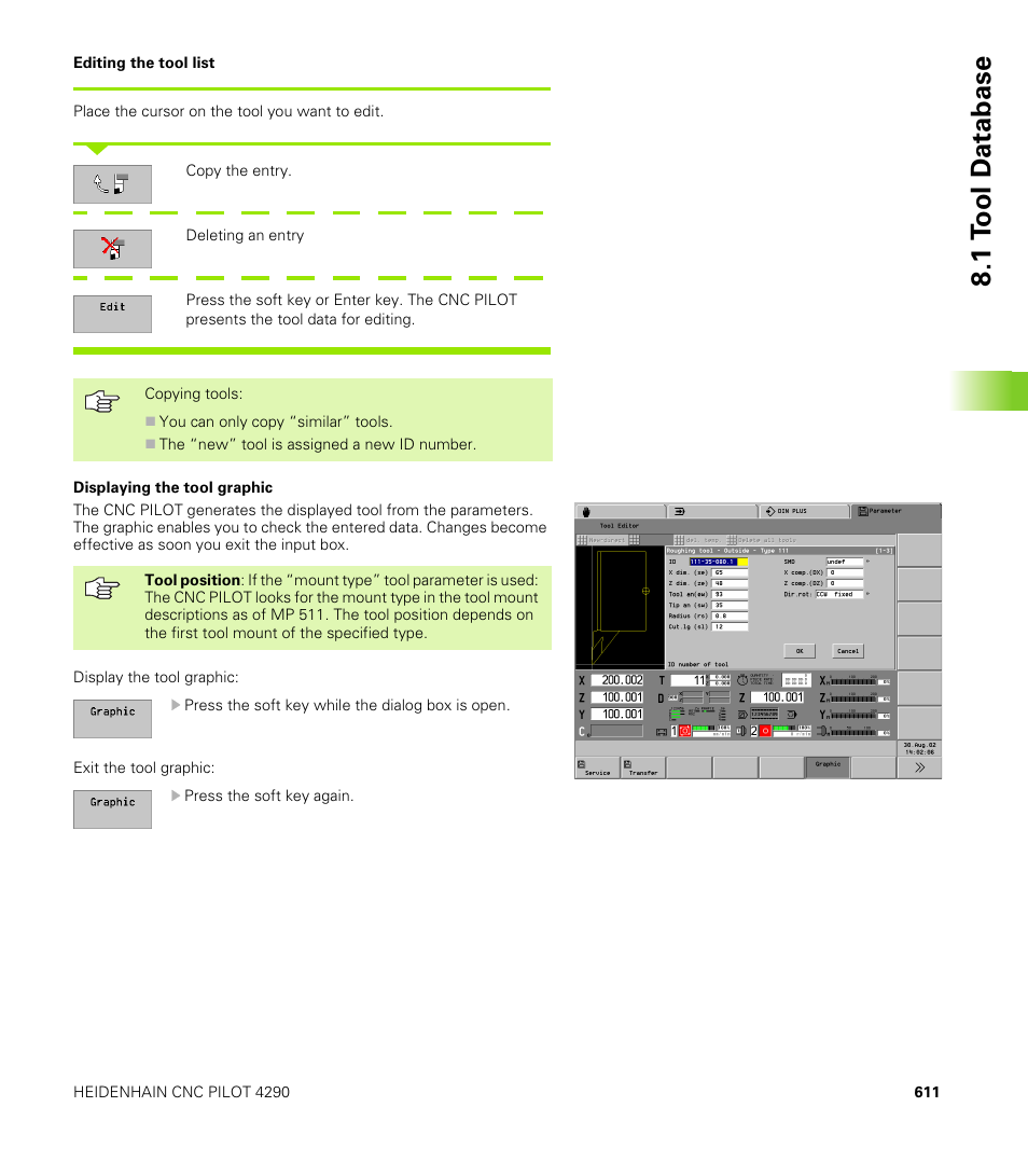 1 t o ol d a tabase | HEIDENHAIN CNC Pilot 4290 V7.1 User Manual | Page 611 / 725
