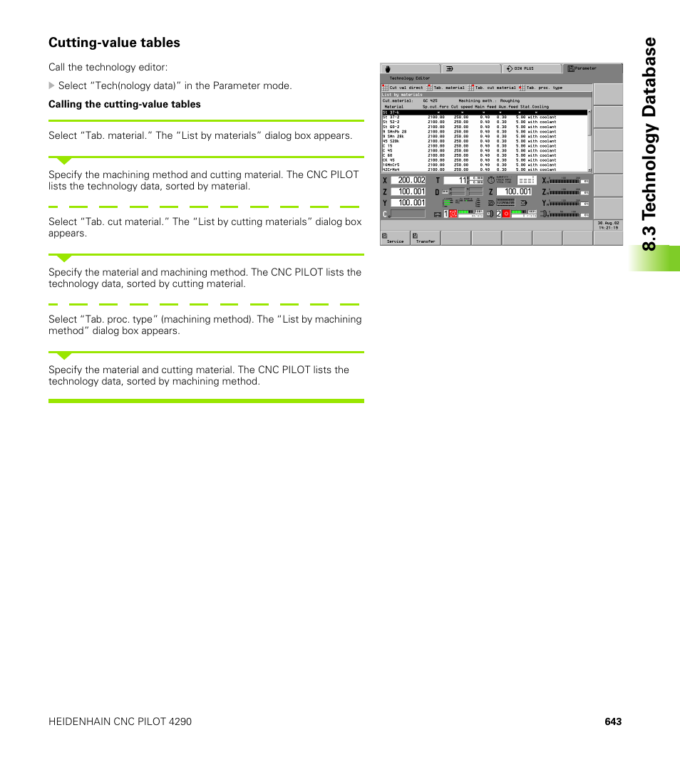 Cutting-value tables | HEIDENHAIN CNC Pilot 4290 V7.1 User Manual | Page 643 / 725