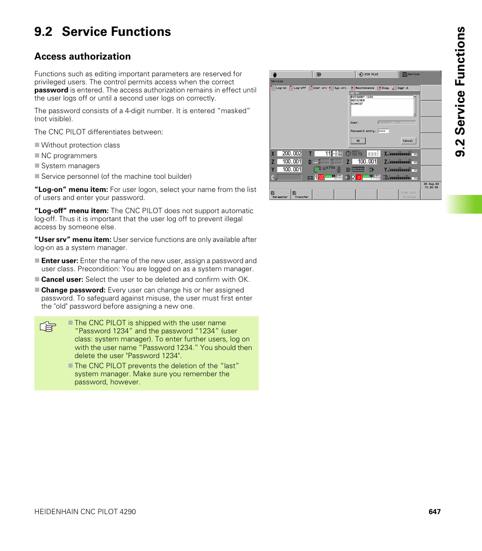 2 service functions, Access authorization, 2 service f unctions 9.2 service functions | HEIDENHAIN CNC Pilot 4290 V7.1 User Manual | Page 647 / 725
