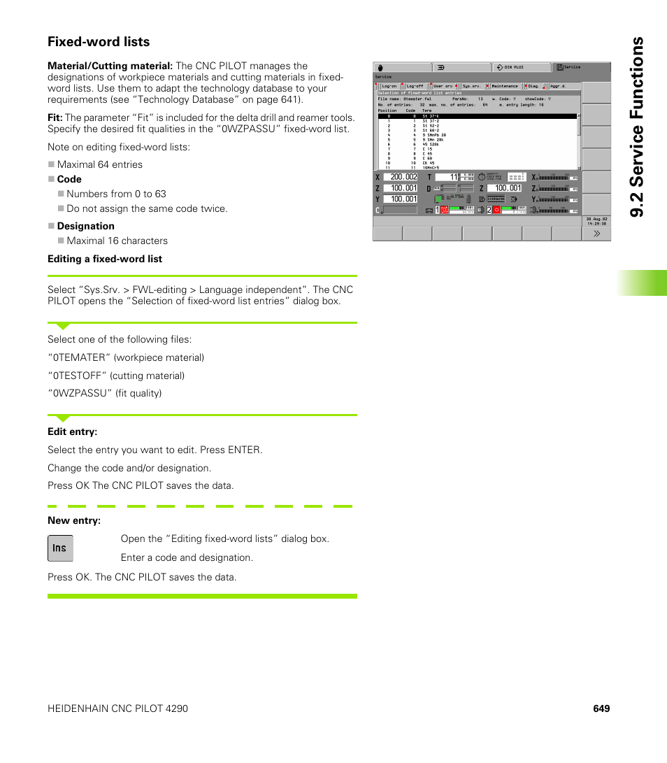 Fixed-word lists, 2 service f unctions | HEIDENHAIN CNC Pilot 4290 V7.1 User Manual | Page 649 / 725