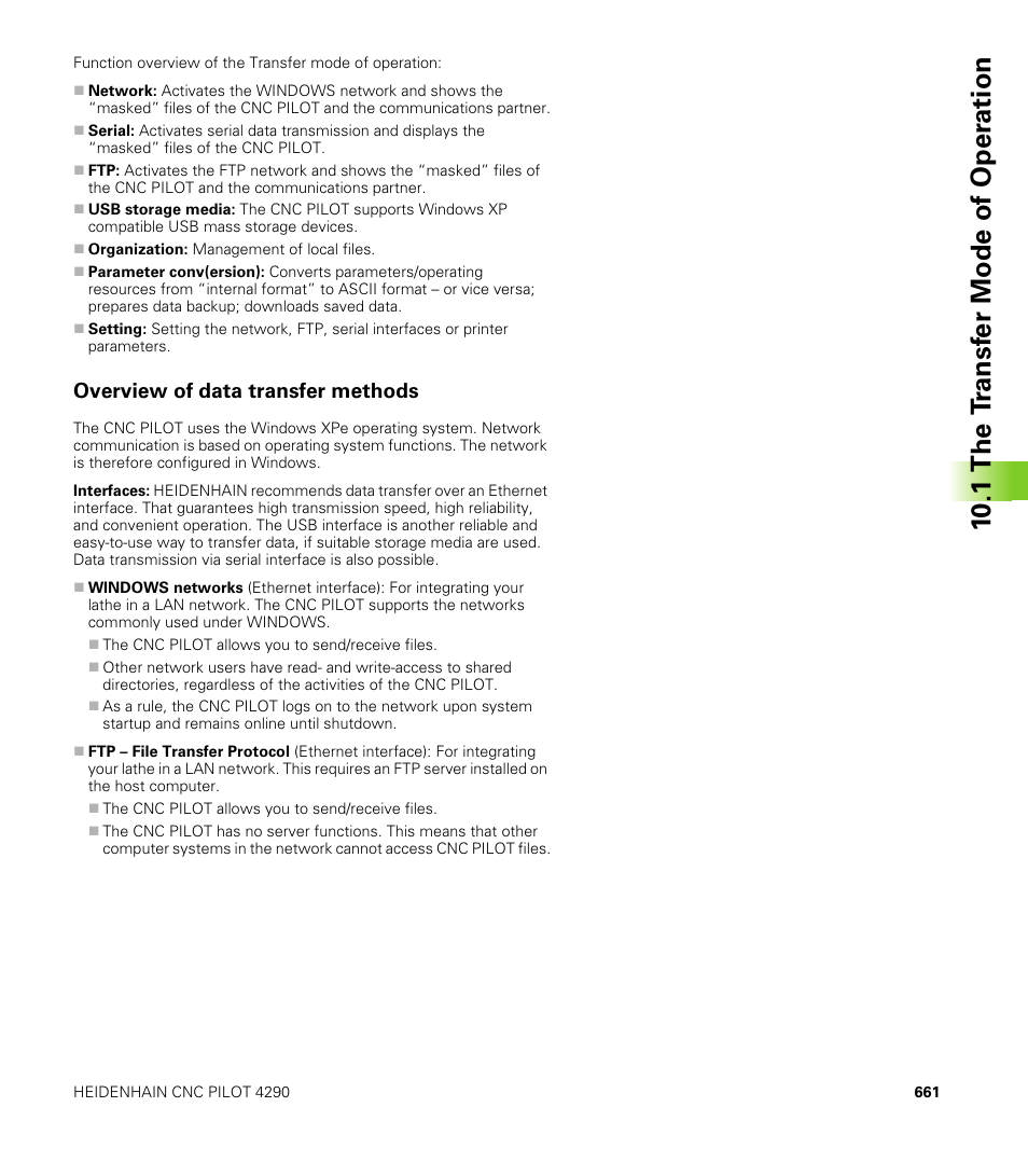 Overview of data transfer methods, 10 .1 the t ransf er mode of oper ation | HEIDENHAIN CNC Pilot 4290 V7.1 User Manual | Page 661 / 725