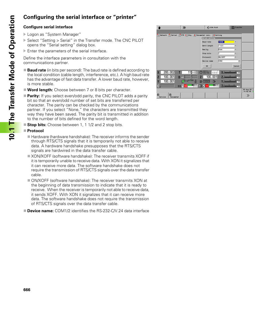 Configuring the serial interface or “printer, 10 .1 the t ransf er mode of oper ation | HEIDENHAIN CNC Pilot 4290 V7.1 User Manual | Page 666 / 725