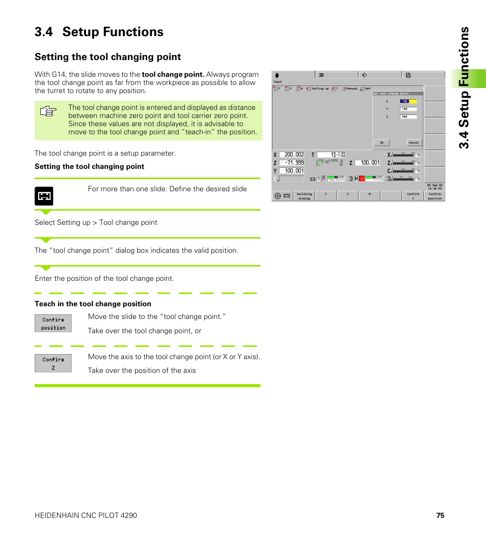 4 setup functions, Setting the tool changing point | HEIDENHAIN CNC Pilot 4290 V7.1 User Manual | Page 75 / 725