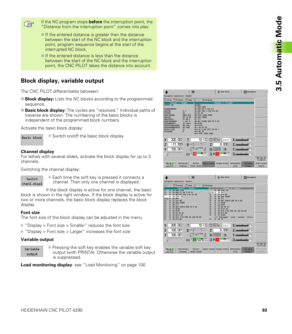 Block display, variable output, 5 a u to matic mode | HEIDENHAIN CNC Pilot 4290 V7.1 User Manual | Page 93 / 725