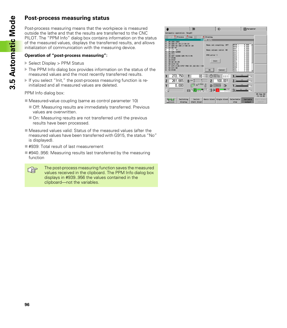 Post-process measuring status, 5 a u to matic mode | HEIDENHAIN CNC Pilot 4290 V7.1 User Manual | Page 96 / 725