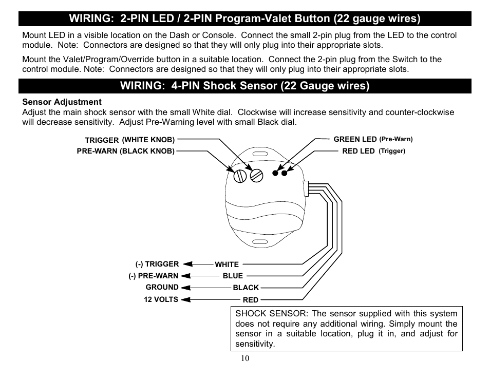 Wiring: 4-pin shock sensor (22 gauge wires) | Crimestopper Security Products CS-2014DP-TW2 User Manual | Page 10 / 32