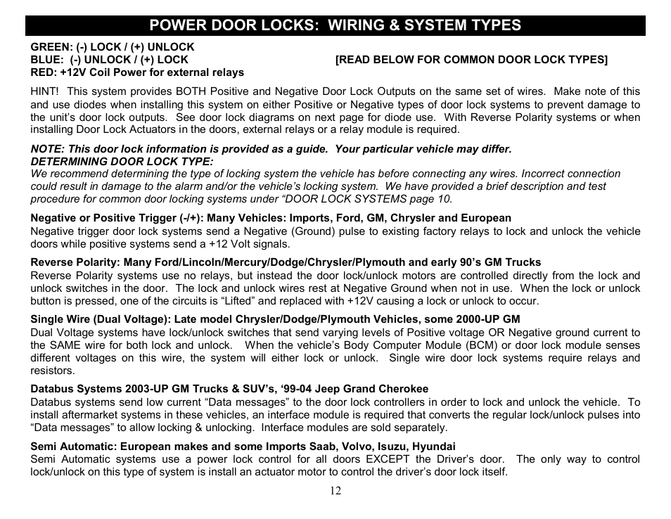 Power door locks: wiring & system types | Crimestopper Security Products CS-2014DP-TW2 User Manual | Page 12 / 32