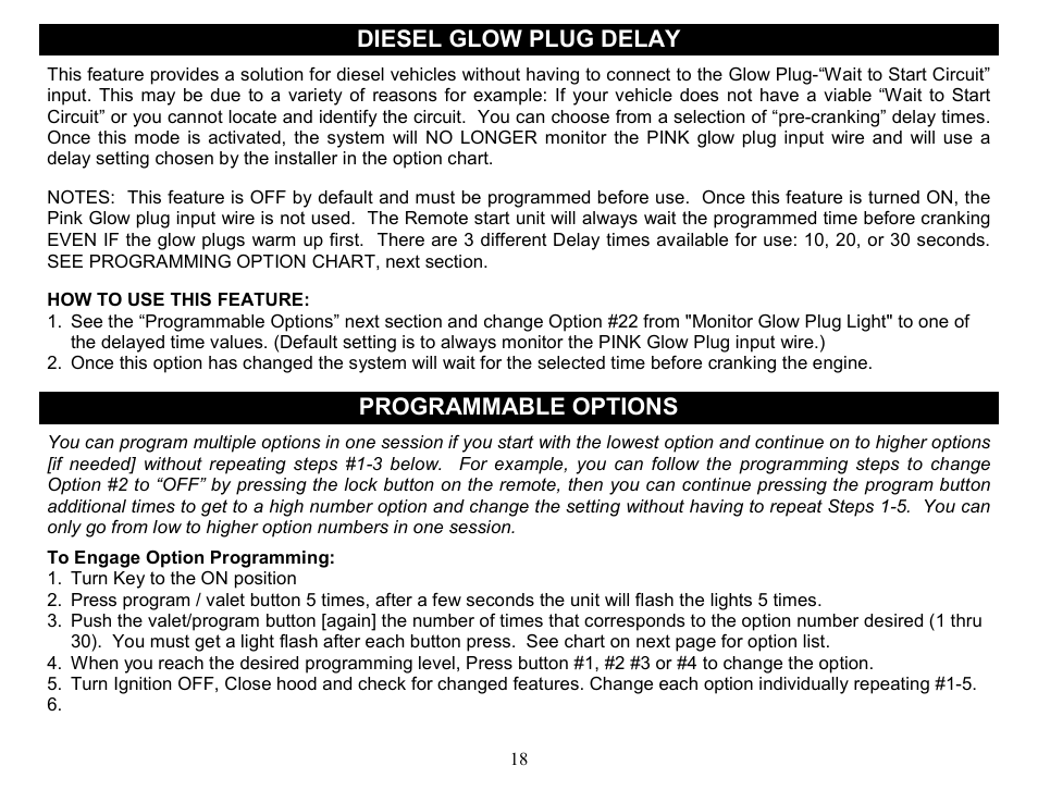 Diesel glow plug delay, Programmable options | Crimestopper Security Products CS-2014DP-TW2 User Manual | Page 18 / 32