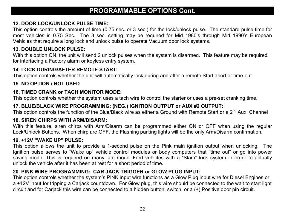 Programmable options cont, No option / not used, Aux. channel | Crimestopper Security Products CS-2014DP-TW2 User Manual | Page 22 / 32