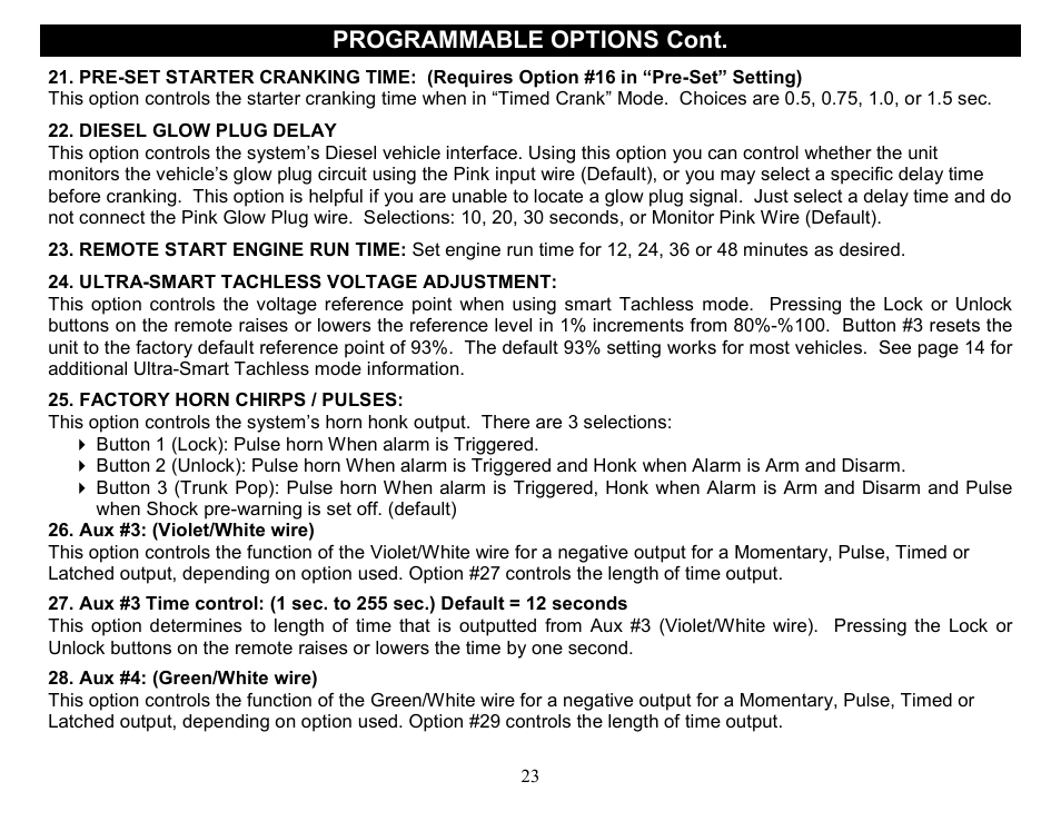 Programmable options cont | Crimestopper Security Products CS-2014DP-TW2 User Manual | Page 23 / 32