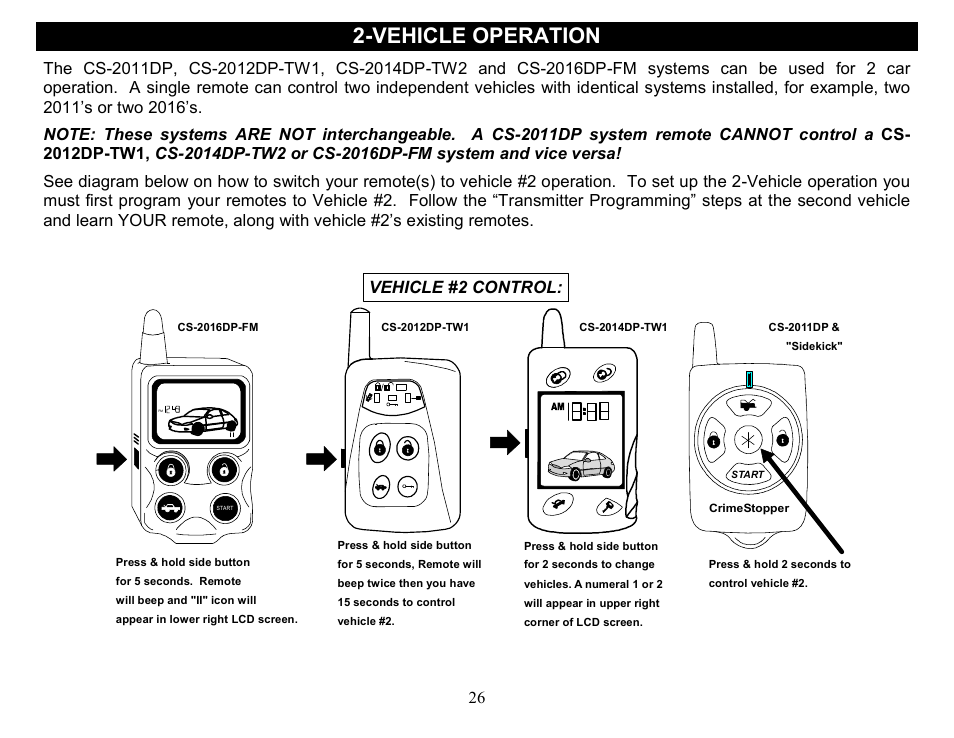 Vehicle operation, Vehicle #2 control | Crimestopper Security Products CS-2014DP-TW2 User Manual | Page 26 / 32