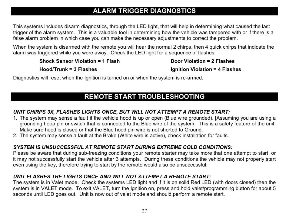 Alarm trigger diagnostics, Remote start troubleshooting | Crimestopper Security Products CS-2014DP-TW2 User Manual | Page 27 / 32