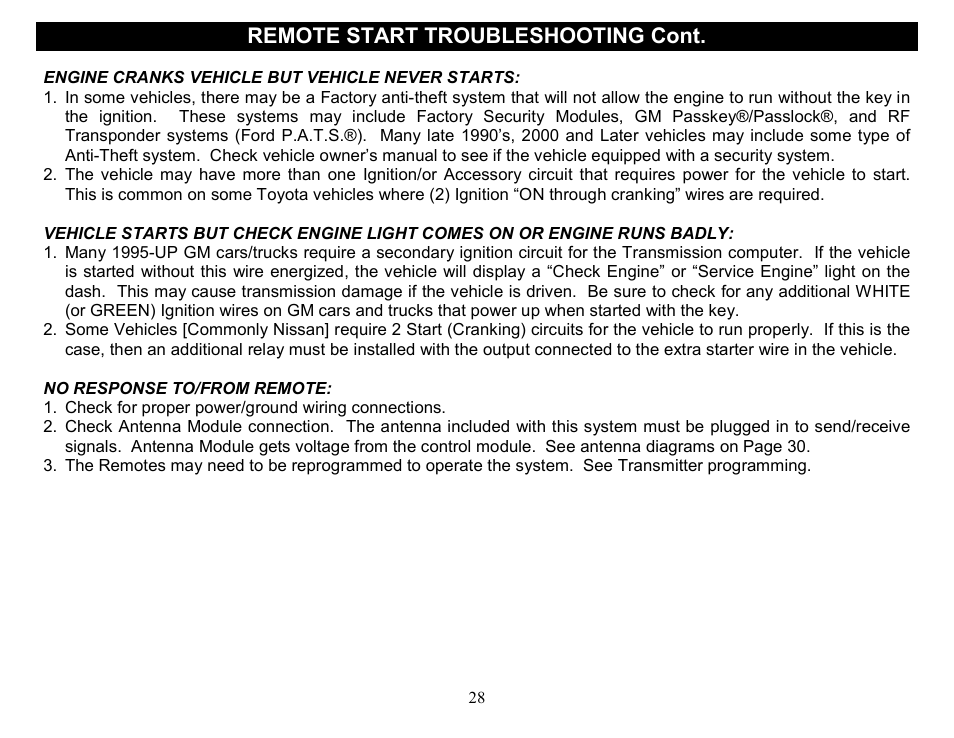 Remote start troubleshooting cont | Crimestopper Security Products CS-2014DP-TW2 User Manual | Page 28 / 32