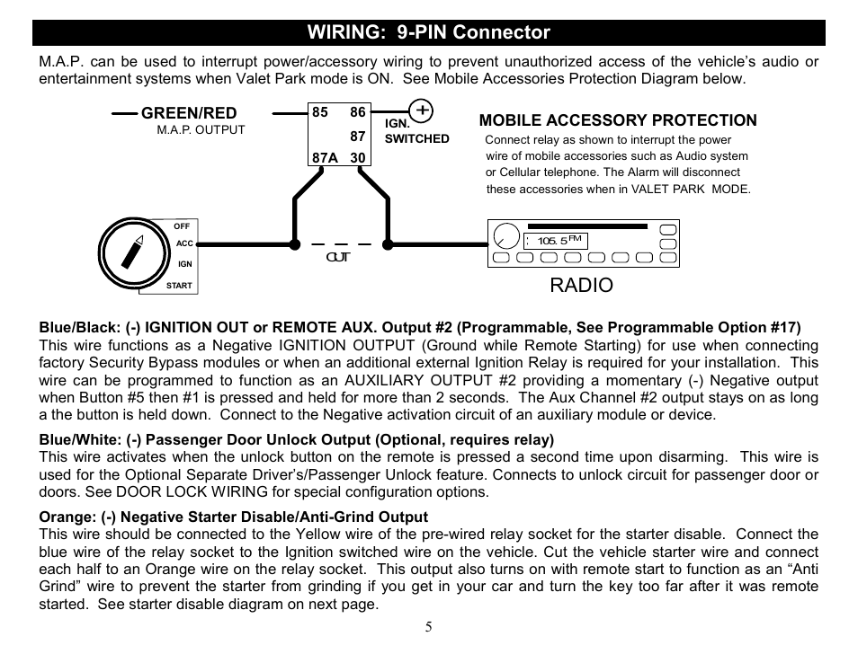 Radio, Wiring: 9-pin connector, Green/red | Mobile accessory protection | Crimestopper Security Products CS-2014DP-TW2 User Manual | Page 5 / 32