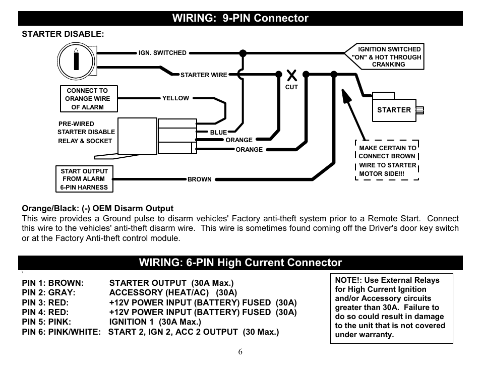 Wiring: 9-pin connector, Wiring: 6-pin high current connector | Crimestopper Security Products CS-2014DP-TW2 User Manual | Page 6 / 32