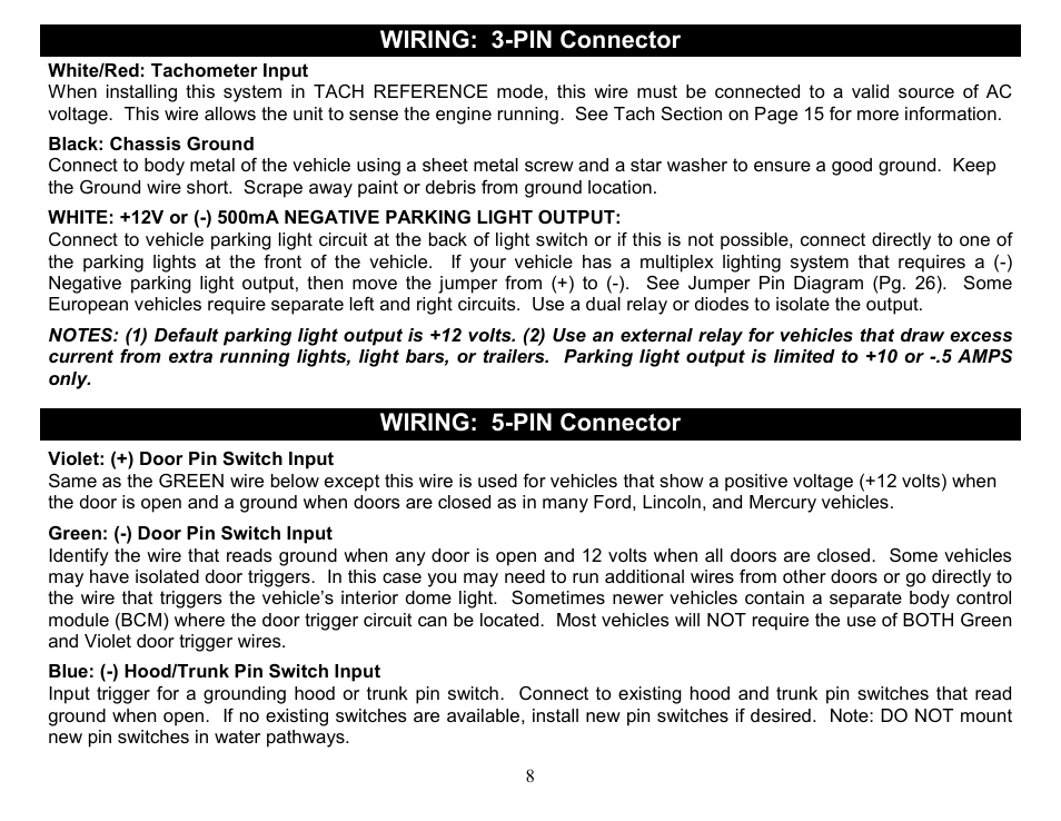 Wiring: 3-pin connector, Wiring: 5-pin connector | Crimestopper Security Products CS-2014DP-TW2 User Manual | Page 8 / 32