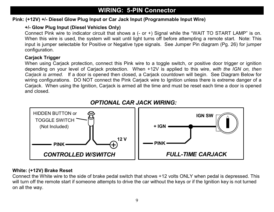 Wiring: 5-pin connector, Optional car jack wiring, Controlled w/switch | Full-time carjack | Crimestopper Security Products CS-2014DP-TW2 User Manual | Page 9 / 32
