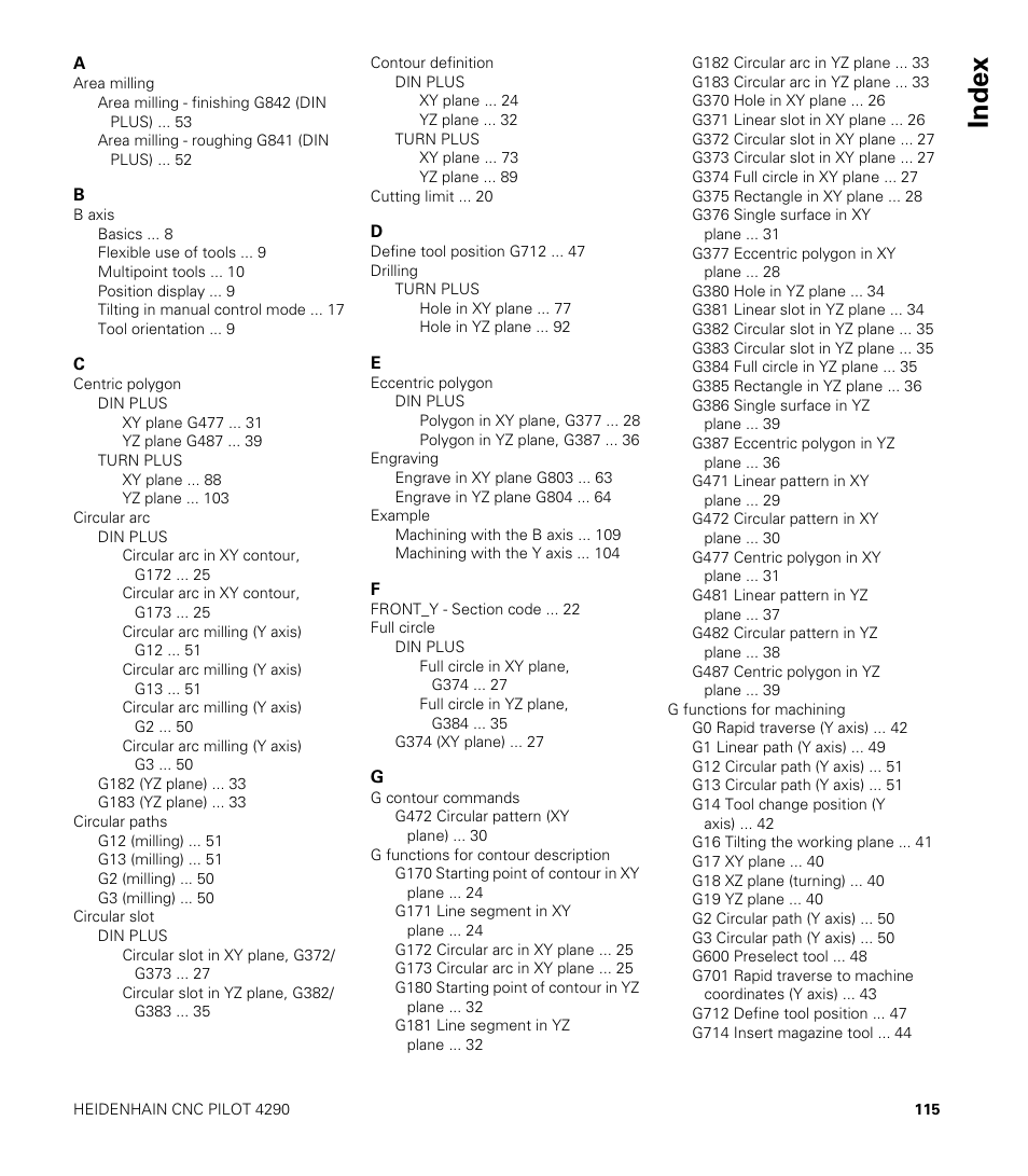 Index | HEIDENHAIN CNC Pilot 4290 V7.1 Description of B and Y axes User Manual | Page 115 / 119