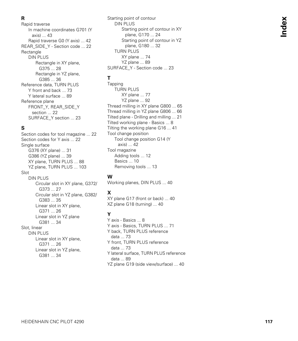 Index | HEIDENHAIN CNC Pilot 4290 V7.1 Description of B and Y axes User Manual | Page 117 / 119