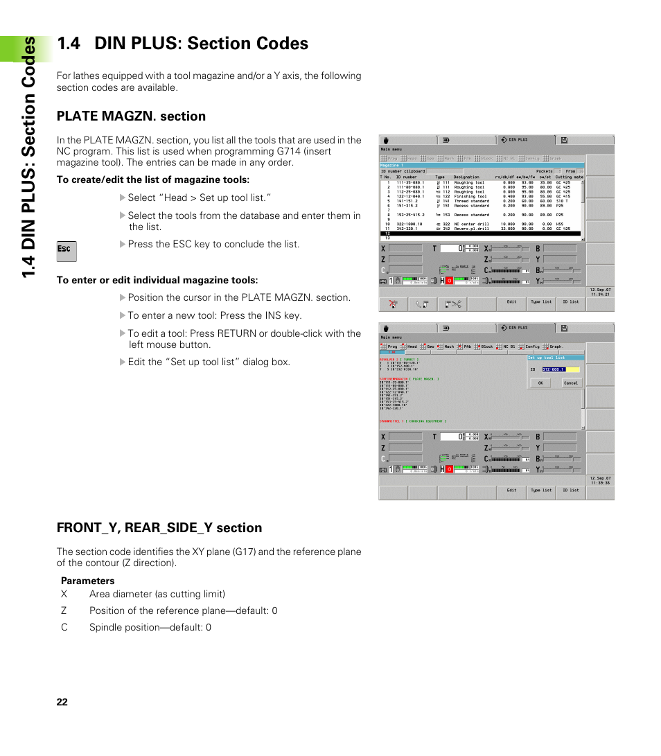 4 din plus: section codes, Plate magzn. section, Front_y, rear_side_y section | HEIDENHAIN CNC Pilot 4290 V7.1 Description of B and Y axes User Manual | Page 22 / 119