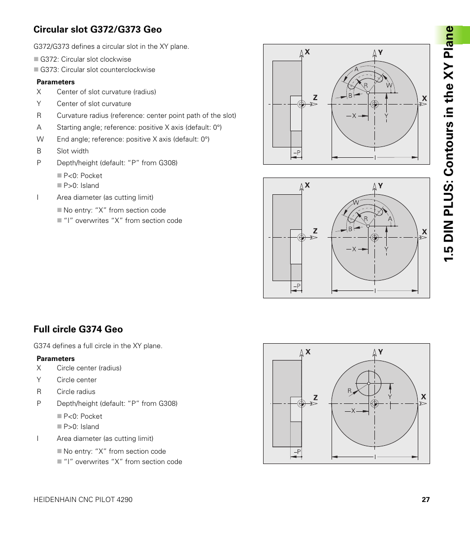 Circular slot g372/g373 geo, Full circle g374 geo, 5 din plus: cont ours in the xy plane | HEIDENHAIN CNC Pilot 4290 V7.1 Description of B and Y axes User Manual | Page 27 / 119