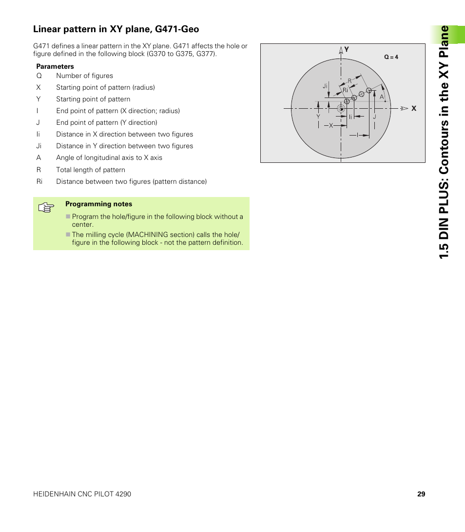 Linear pattern in xy plane, g471-geo, 5 din plus: cont ours in the xy plane | HEIDENHAIN CNC Pilot 4290 V7.1 Description of B and Y axes User Manual | Page 29 / 119