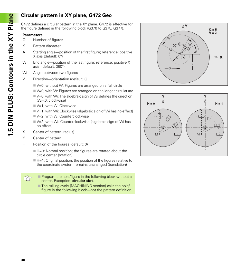 Circular pattern in xy plane, g472 geo, 5 din plus: cont ours in the xy plane | HEIDENHAIN CNC Pilot 4290 V7.1 Description of B and Y axes User Manual | Page 30 / 119