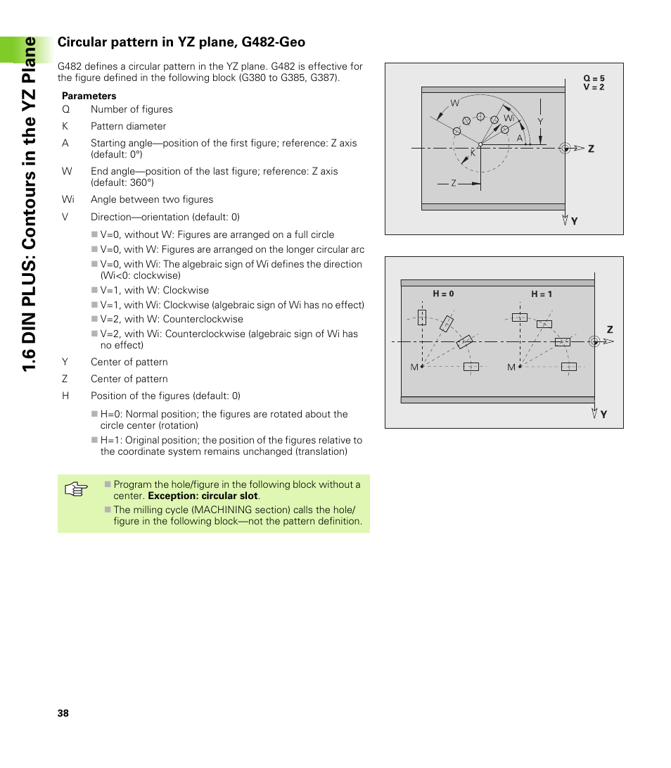 Circular pattern in yz plane, g482-geo, 6 din plus: cont ours in the yz plane | HEIDENHAIN CNC Pilot 4290 V7.1 Description of B and Y axes User Manual | Page 38 / 119