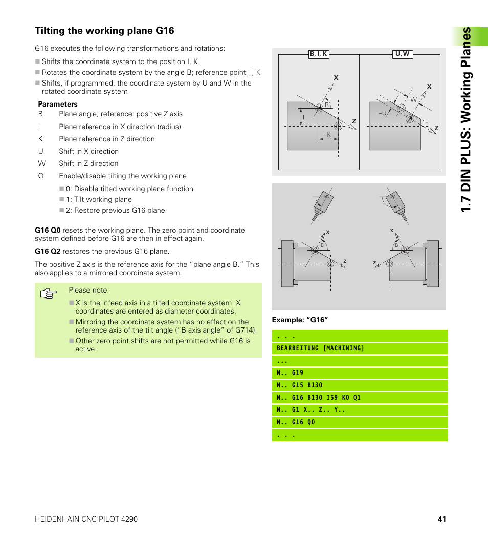 Tilting the working plane g16, 7 din plus: w o rk ing planes | HEIDENHAIN CNC Pilot 4290 V7.1 Description of B and Y axes User Manual | Page 41 / 119