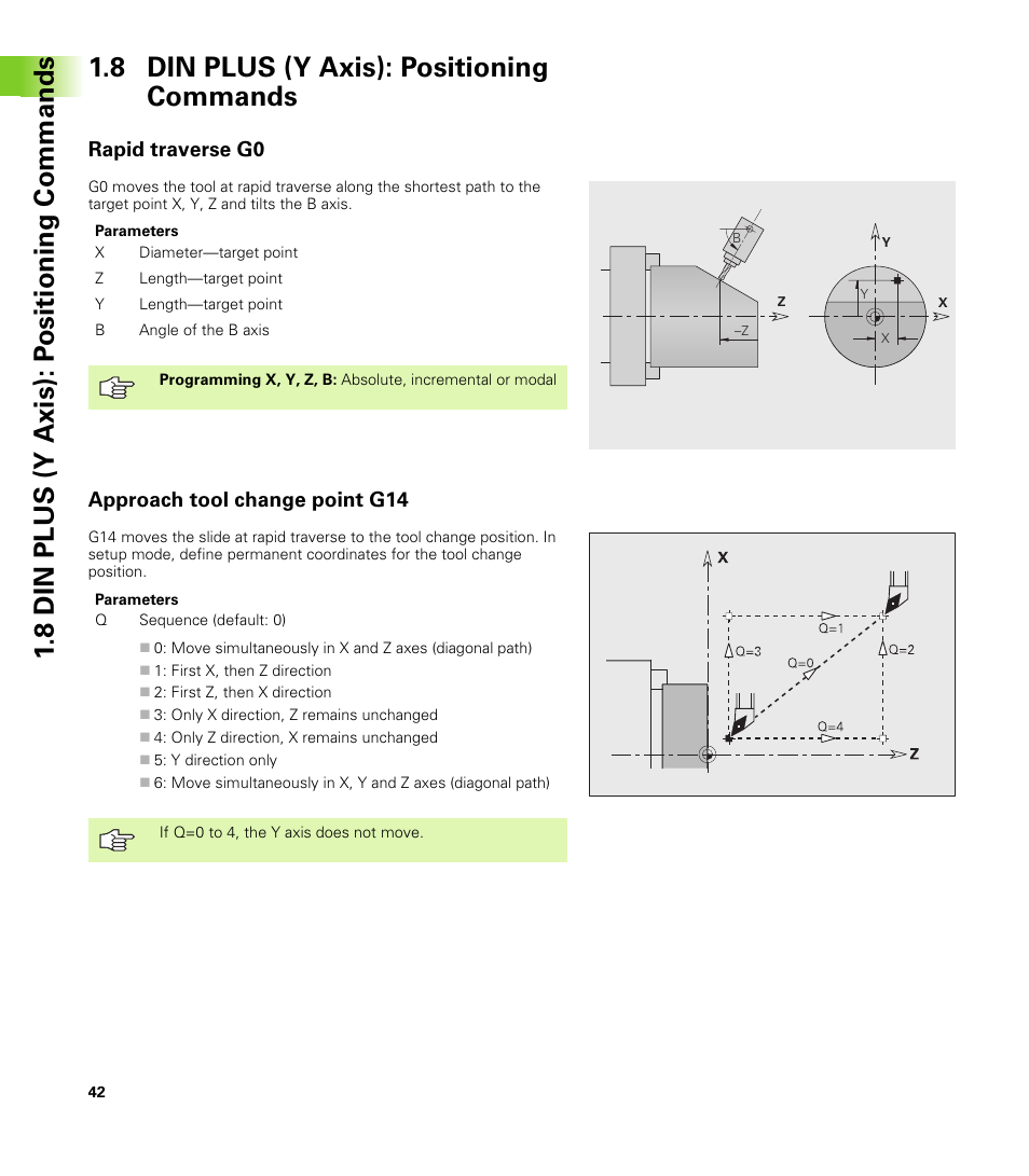 8 din plus (y axis): positioning commands, Rapid traverse g0, Approach tool change point g14 | HEIDENHAIN CNC Pilot 4290 V7.1 Description of B and Y axes User Manual | Page 42 / 119