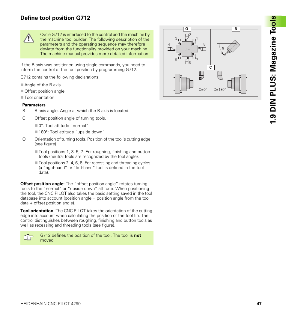 Define tool position g712, 9 din plus: mag a zine t ools | HEIDENHAIN CNC Pilot 4290 V7.1 Description of B and Y axes User Manual | Page 47 / 119