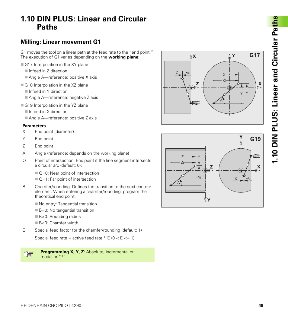 10 din plus: linear and circular paths, Milling: linear movement g1 | HEIDENHAIN CNC Pilot 4290 V7.1 Description of B and Y axes User Manual | Page 49 / 119