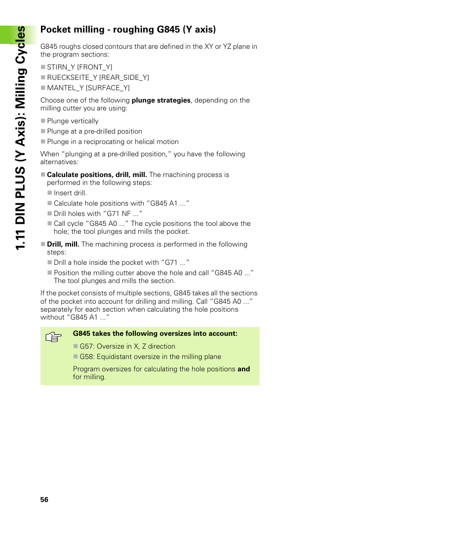 Pocket milling - roughing g845 (y axis), 1 1 din plus (y axis): milling cy cles | HEIDENHAIN CNC Pilot 4290 V7.1 Description of B and Y axes User Manual | Page 56 / 119