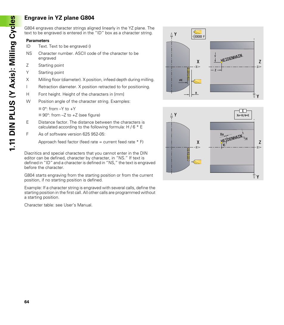 Engrave in yz plane g804, 1 1 din plus (y axis): milling cy cles | HEIDENHAIN CNC Pilot 4290 V7.1 Description of B and Y axes User Manual | Page 64 / 119