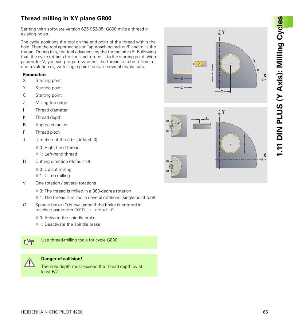 Thread milling in xy plane g800, 1 1 din plus (y axis): milling cy cles | HEIDENHAIN CNC Pilot 4290 V7.1 Description of B and Y axes User Manual | Page 65 / 119